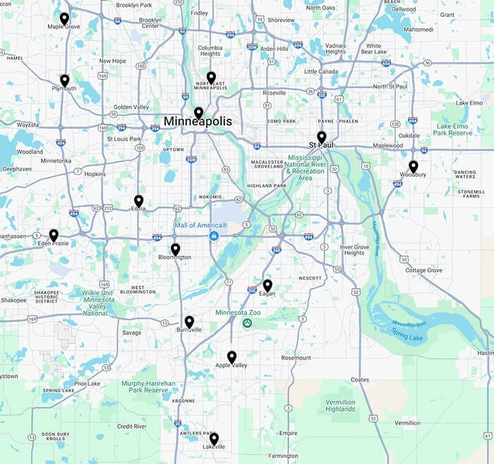 Map showing EZ Breezy Movers’ service area across Minneapolis, St. Paul, and surrounding suburbs including Eden Prairie, Woodbury, Lakeville, and Northeast Minneapolis.