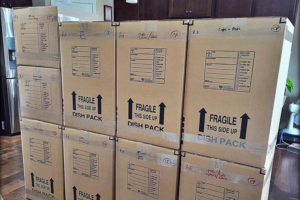 Stacked moving boxes labeled and ready for relocation in Woodbury MN